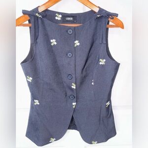 Cider Floral Embroidered Button Front Vest top Navy Blue Size M